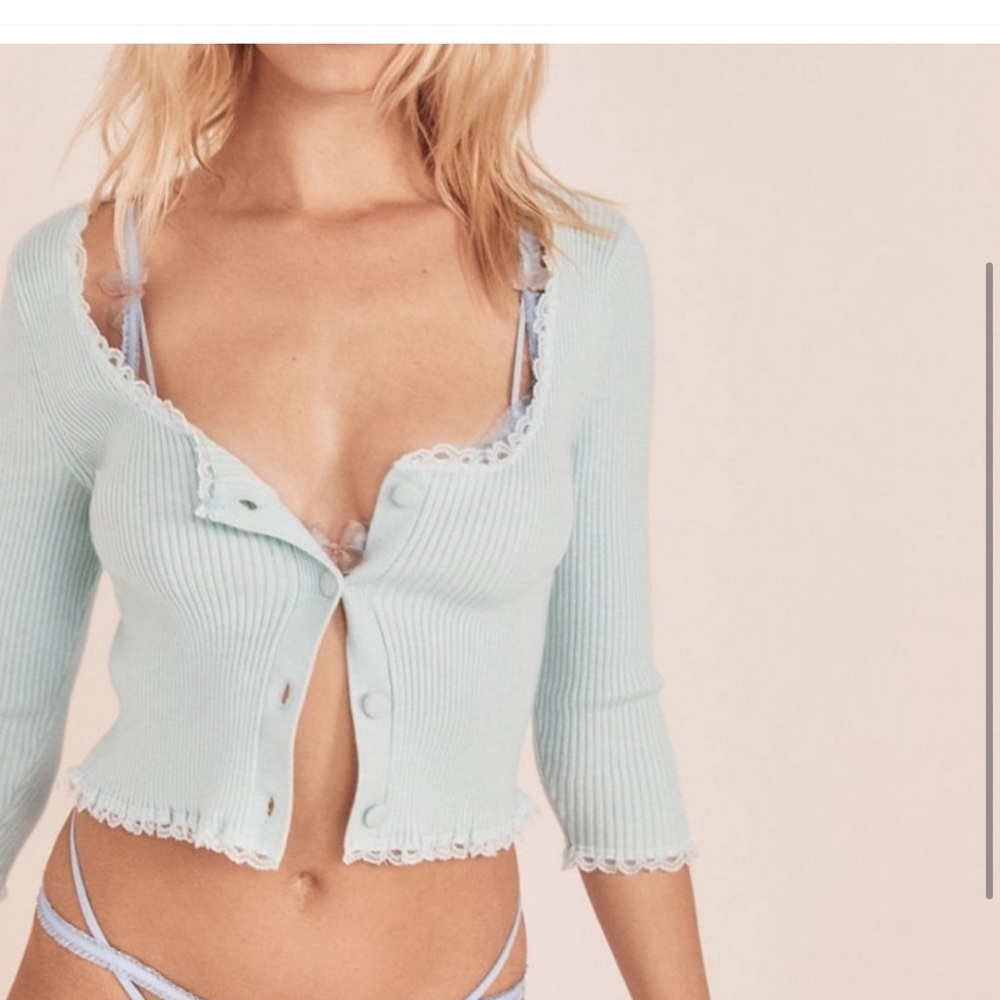 For Love And Lemons Light Blue Ribbed Cardigan Top